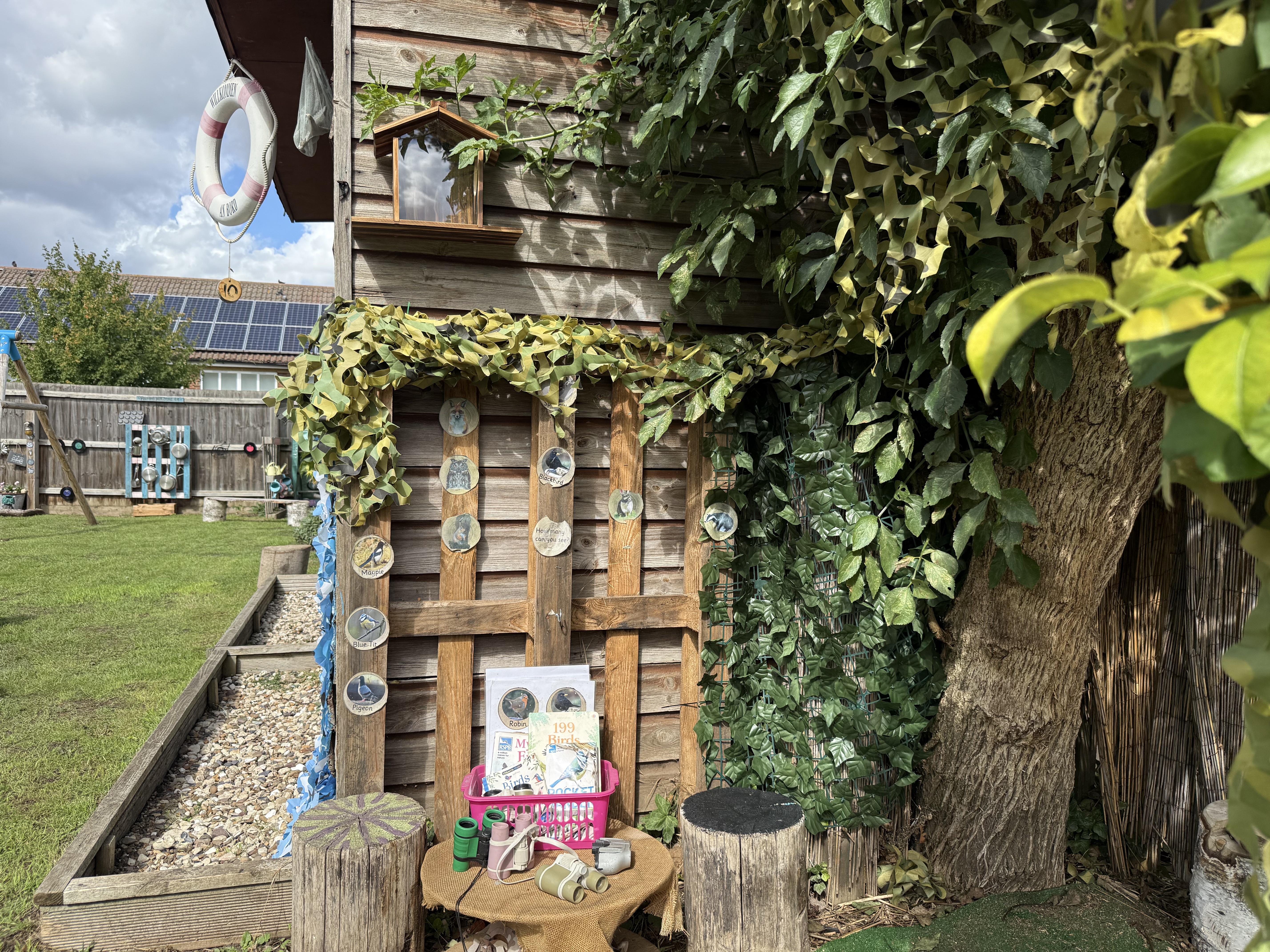 An area in which to bird spot including binoculars and photos of birds