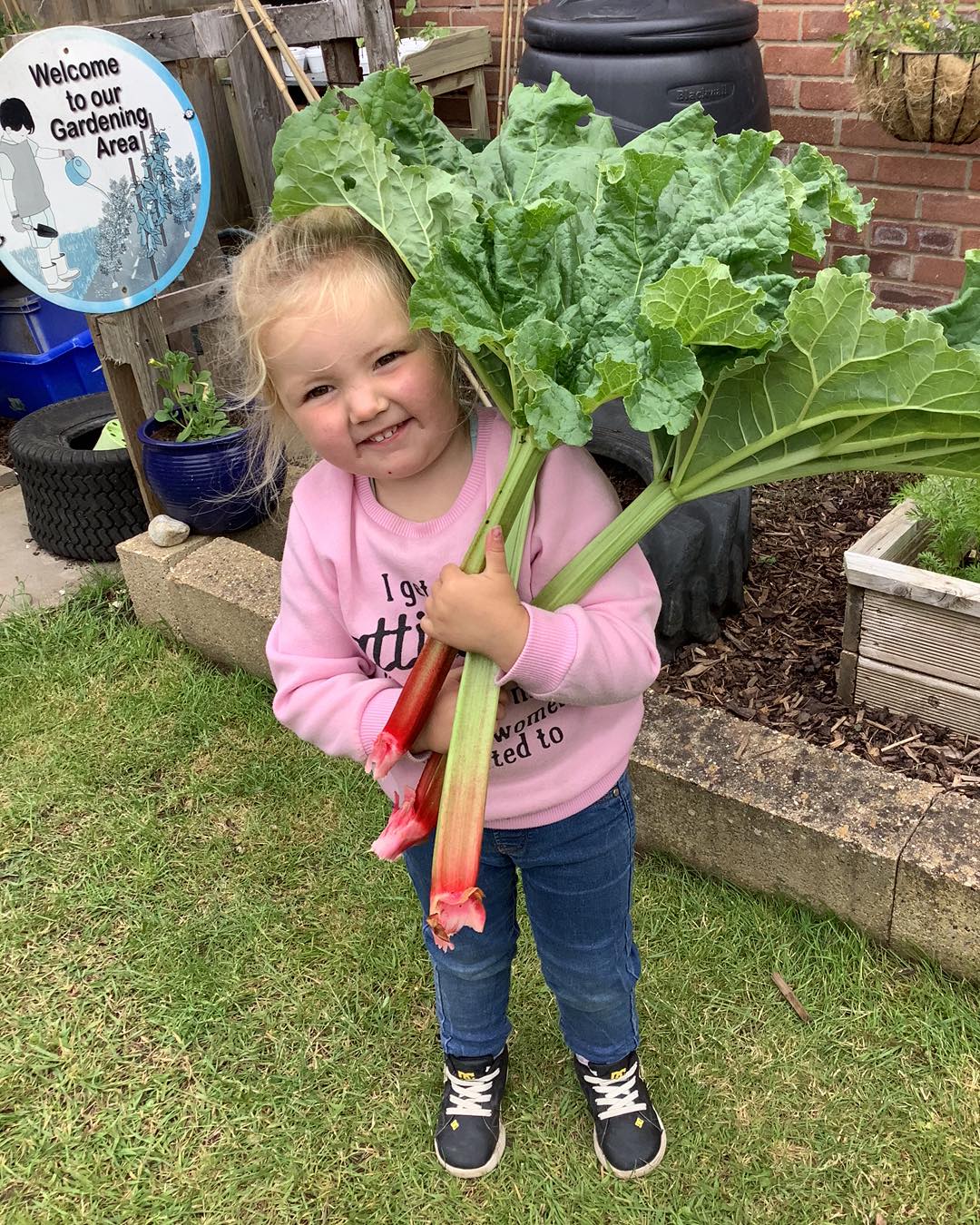 Toddler, girl, holding rhubarb and looking happy